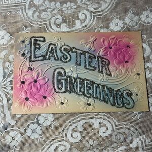 Antique Glitter Pink and Cream Easter Greetings Card Flitter Embossed Rare